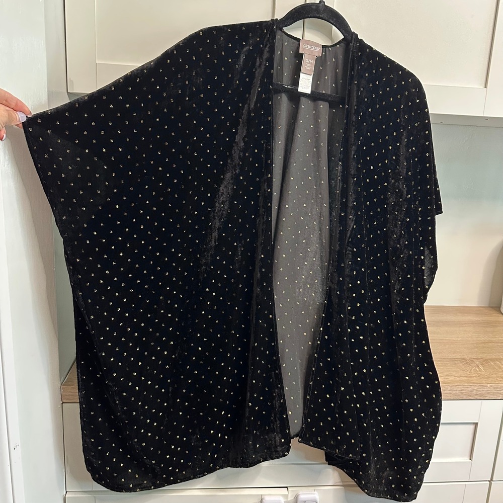 Chico's Kimono Wrap Womens S/M‎ Black Gold Dot Velvet Shimmer Evening Chic Glam